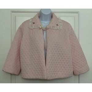 VINTAGE 1960's Bed Jacket Pink Quilted Lace Trim Ribbon Tie Romantic Floral Sz M